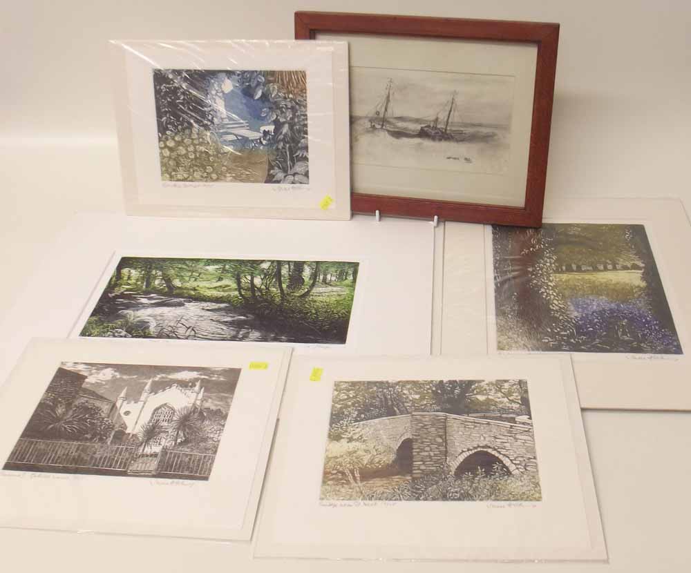 June Hicks five volours etchings and a grafite sketch of boat in high seas Philip R. Askew.