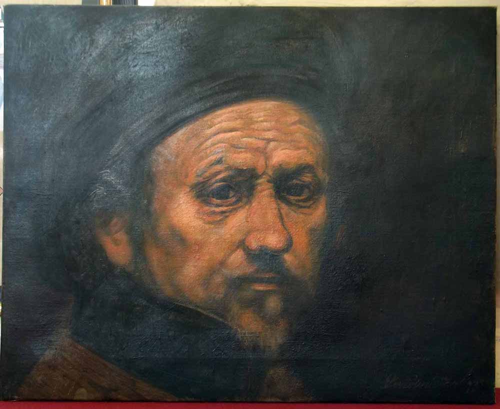 After Rembrandt, self portrait of the artist, oil on canvas, unframed. Condition report: see terms