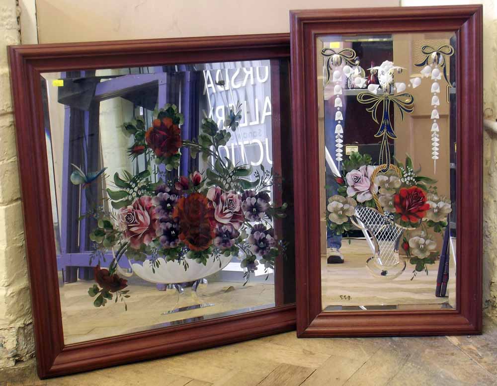 Two Edwardian mirrors with cut and floral painted decoration thought to have been removed from a