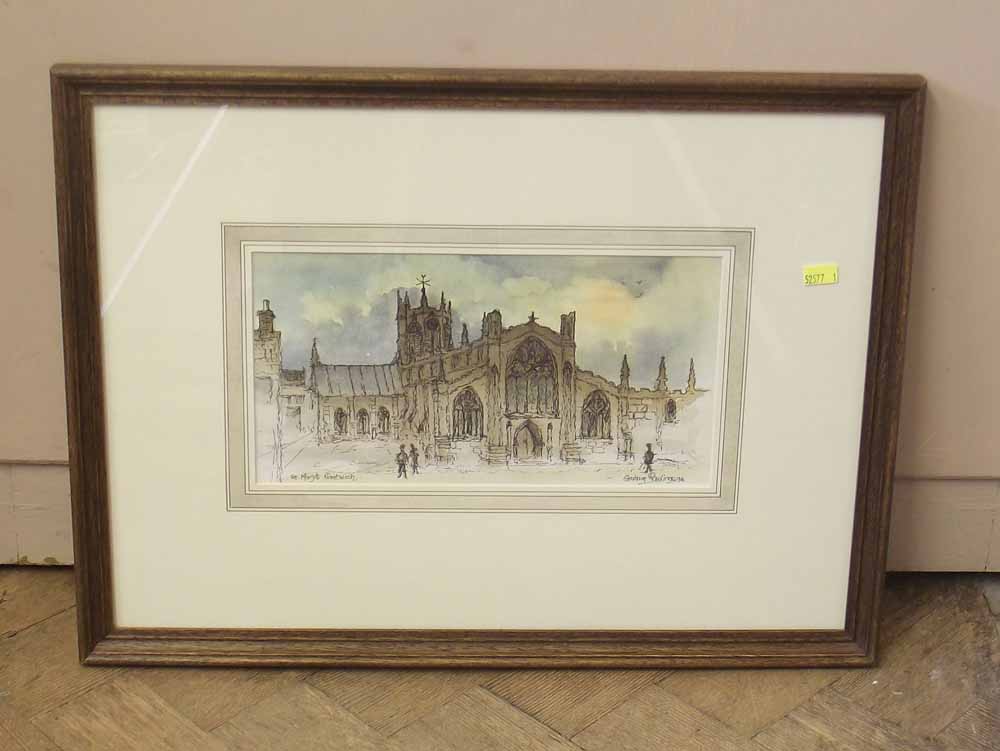 Graham Rawlings, 20th century - "St. Mary`s, Nantwich", signed and dated `92, pen and wash painting.