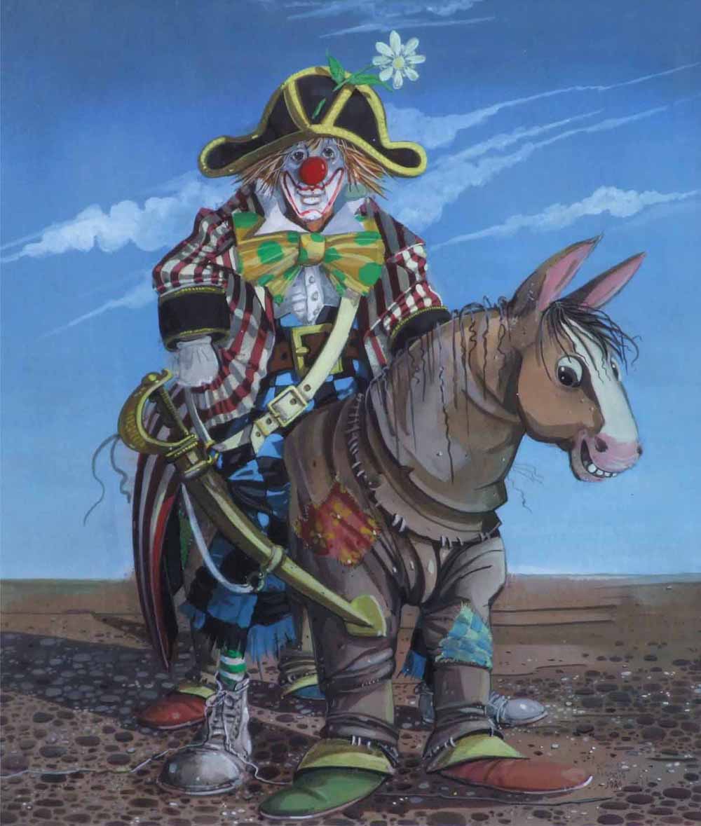 Francis Wainwright (1940-),  Clown riding a pantomime horse, signed and dated 1986, acrylic on