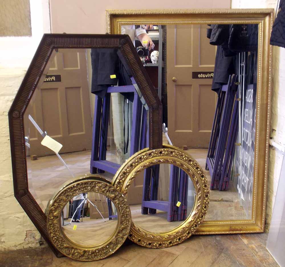 Large gilt mirror; two circular gilt mirrors and oak framed mirror. Condition report: see terms