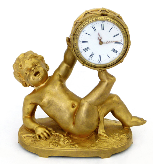 French ormolu small clock or pocket watch stand cast as a cherub supporting a drum, after F. Durand,