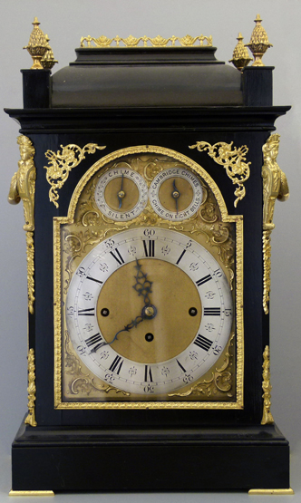 Georgian style ebonised and gilt eight-bell bracket clock , late 19th century, the bell top case