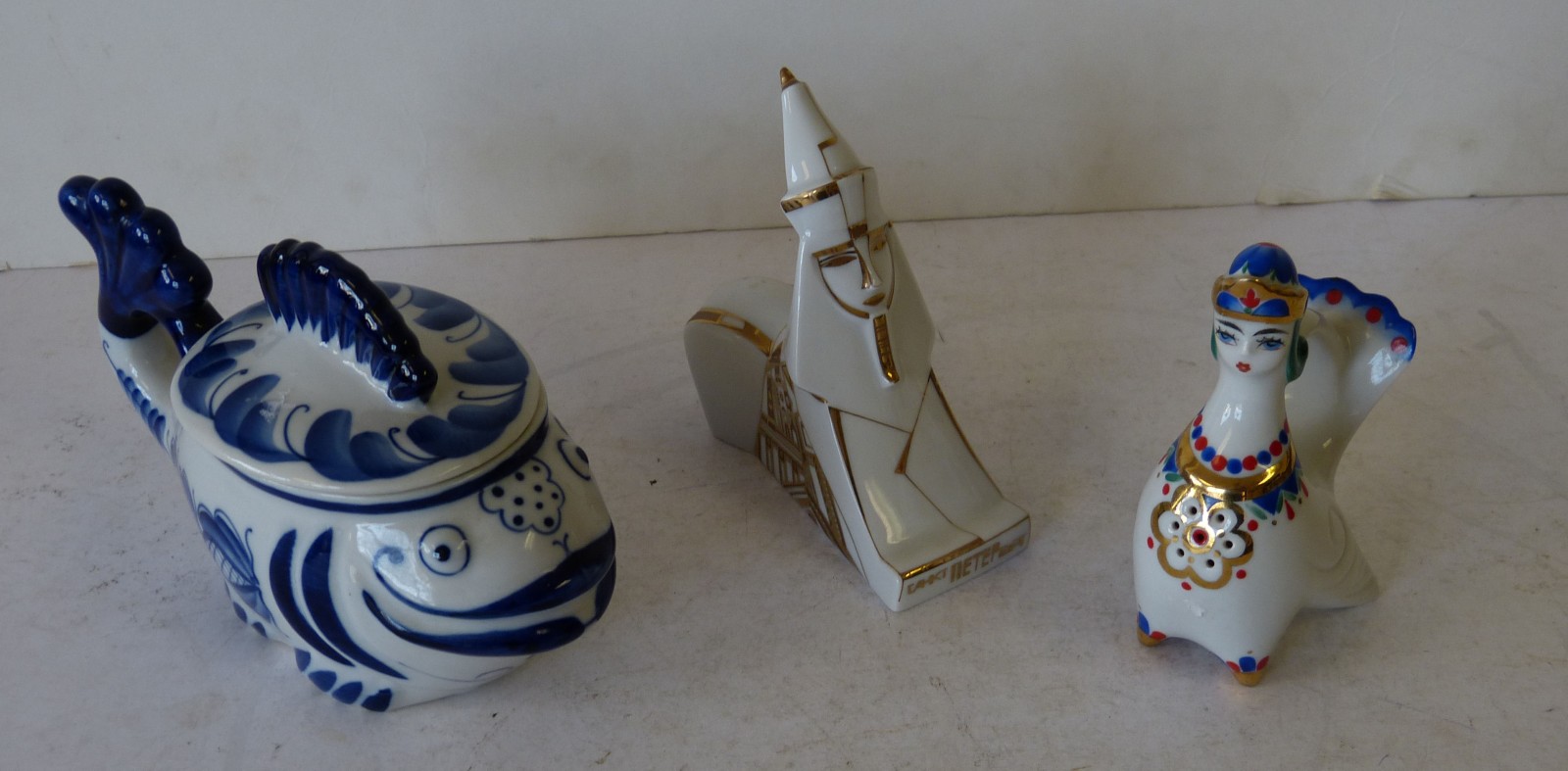A Gzhel, Russian Lidded Pot in form of a fish on blue and white ground, a USSR china condiment in