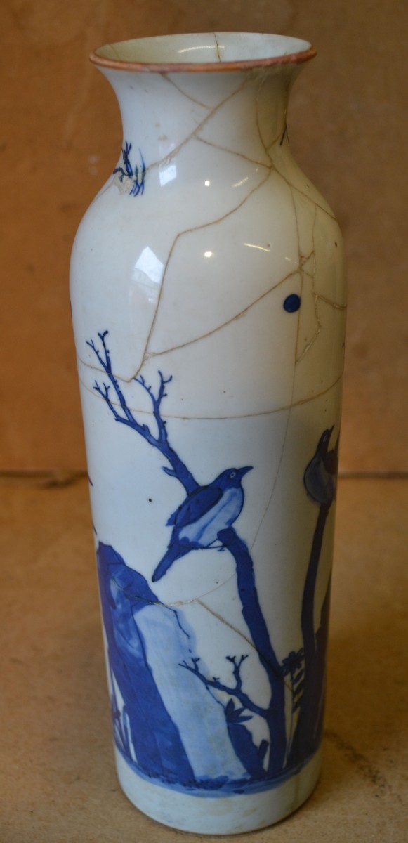 An Oriental Blue and White Round Thin Neck Trumpet Shape Vase having bird, branch and floral