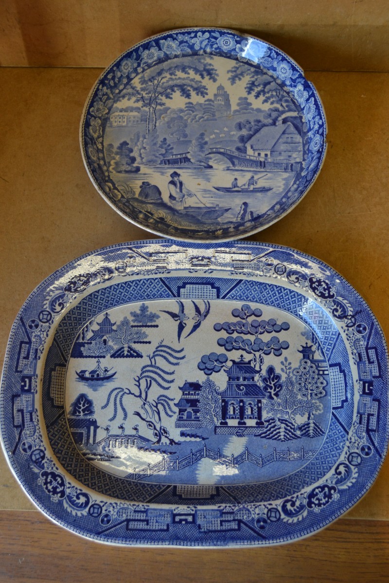 A 19th Century Blue and White Willow Pattern Rectangular Meat Plate, 41cm wide, also 19th Century