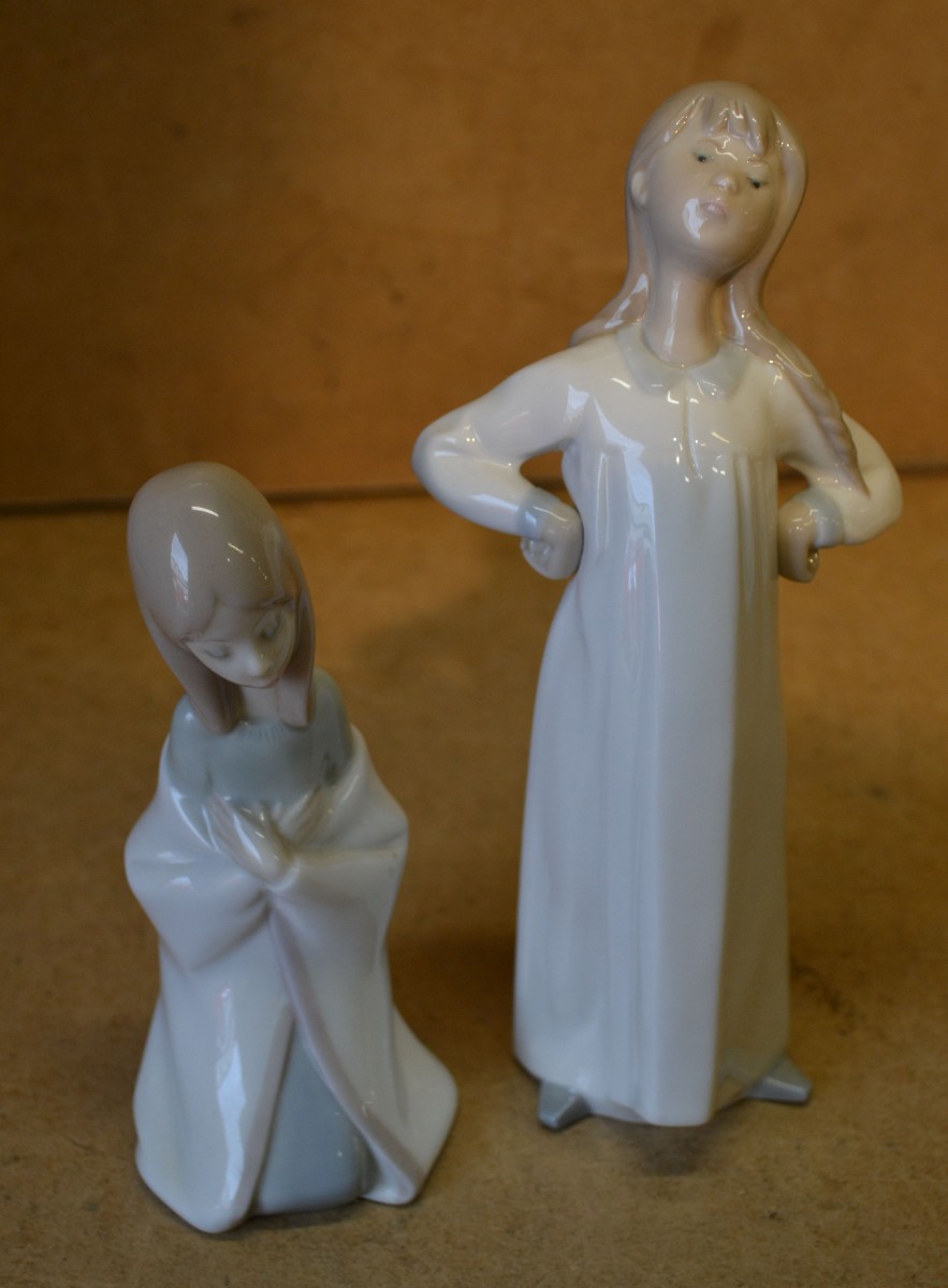 2 Lladro Figures of Kneeling Praying Girl, 16cm high and standing girl in nightdress 20.5