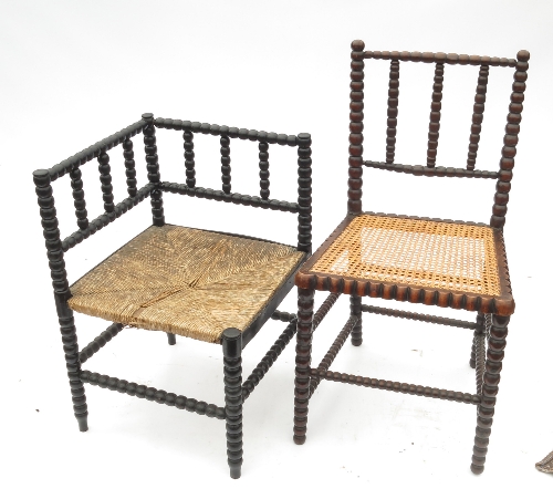 A bobbin turned corner chair, with rush seat, together with another bobbin turned chair with caned