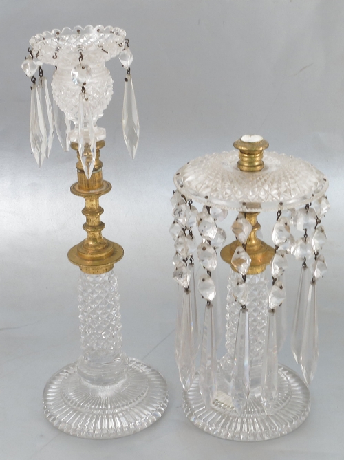 A pair of 19th century glass and ormolu lustres, with heavily cut diamond decoration and faceted