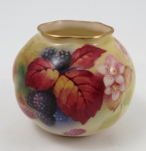 A Royal Worcester wrythen moulded globular vase, decorated with hand painted autumnal fruit and