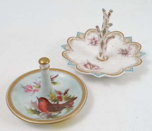 Two 19th century Royal Worcester ring trees, one decorated with a Robin on holly, the other with