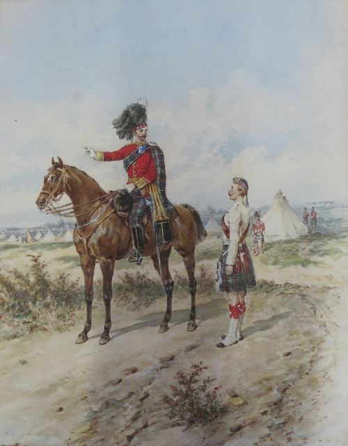 Orlando Norie, watercolour, portrait of Seaforth Highlander on horseback in encampment, 12ins x 9.