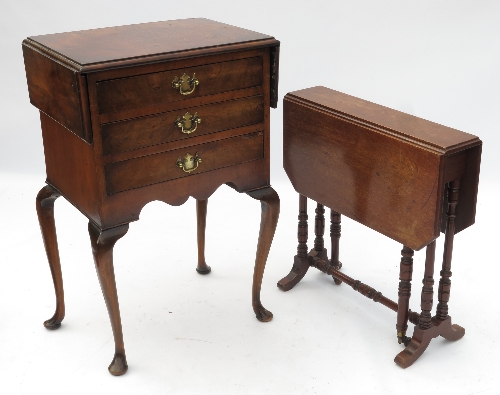 A small walnut drop flap side table, fitted three drawers, raised on cabriole legs, width 30ins,