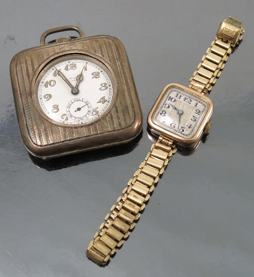 A J C Vickery silver travelling purse watch, with luminous hands and Arabic numerals to a white