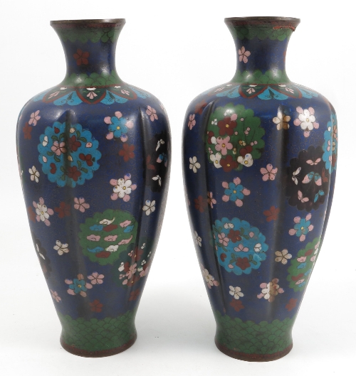 A pair of cloisonne vases, the lobed bodies decorated with colourful flowers to a blue ground,