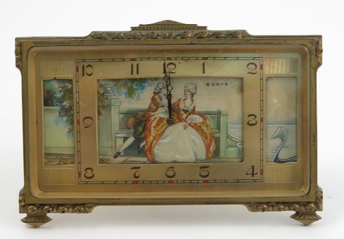 A gilt metal cased mantel clock, of rectangular form, the case decorated with flower heads, the