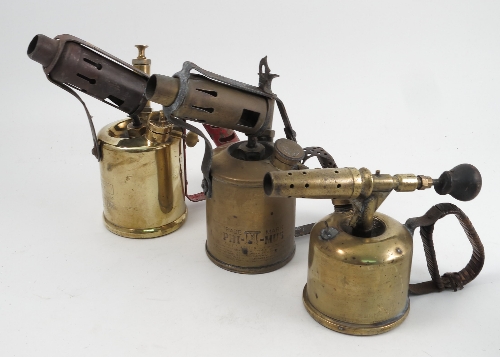 A collection of brass blow torches, various makers to include Diamond, Monitor, Primus and Burmos