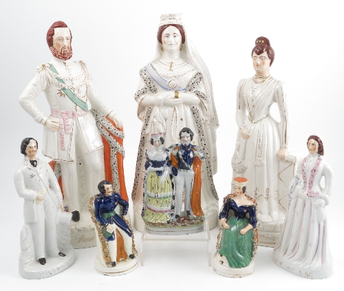 Eight Staffordshire figures, to include Princess May, Prince of Wales, Queen of England, a pair of