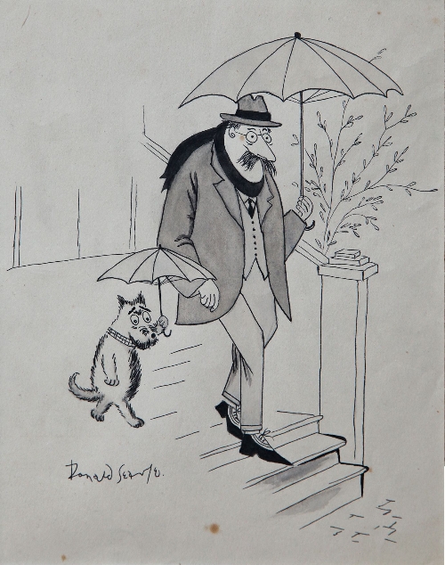 Ronald Searle, signed, cartoon, “Out for a walk”, 8.5ins x 6.75ins
 Condition report: good condition