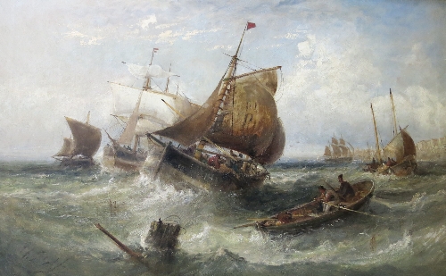 Attributed to W. Webb, indistinct signature lower left, oil on canvas, a busy shipping scene,