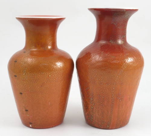 A near pair of  late 19th century Stourbridge glass vases, possibly Boulton and Mills, decorated