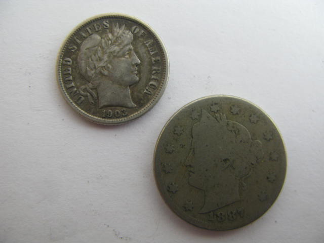 USA 1887 Five cents and 1903 Barber Dime