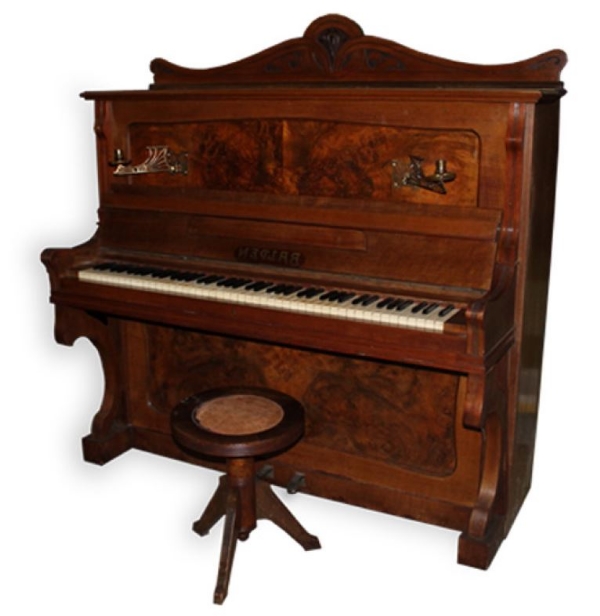 Balden (c1910) 
An overstrung piano in a mahogany and figured walnut Art Nouveau style case,