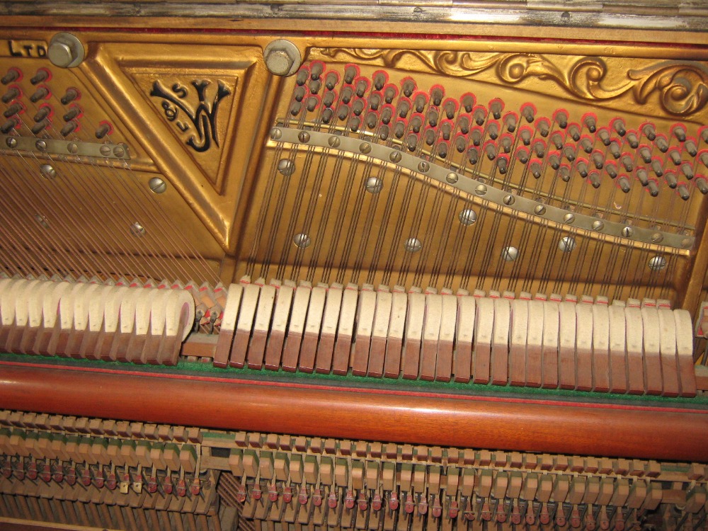 H Wallis and Son 
An overstrung upright piano in a satinwood and ebony strung case with decorative - Image 4 of 4