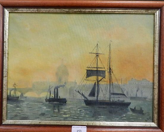 L Goff, oil on board, Thames shipping scene with St Paul's in the background