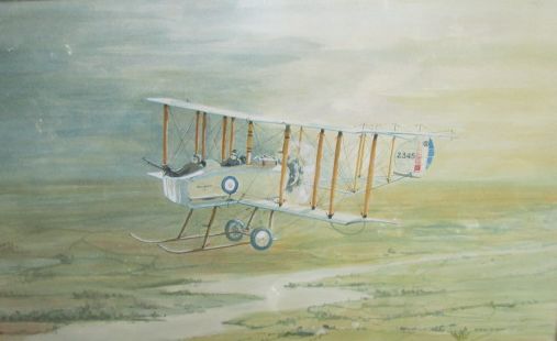 An early 20th century watercolour depicting the bi-plane 'Bombay' flying above a river and fields