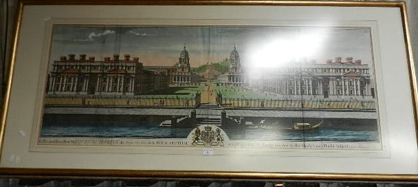A 19th century handcoloured engraving of the Royal Hospital at Greenwich dedicated to Her Majesty