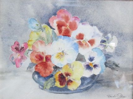 Sarah Oliver, watercolour, still life of pansies, signed and dated 1976