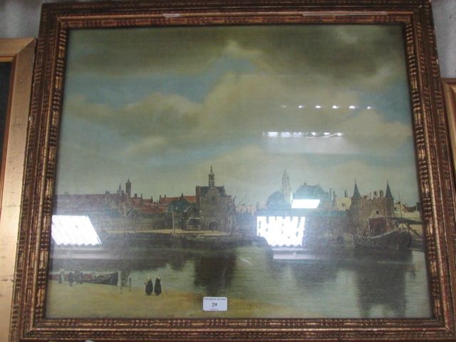 A framed and glazed print 'View of Delft' after Jan Vermeer, 1929 The Medici Society, label to