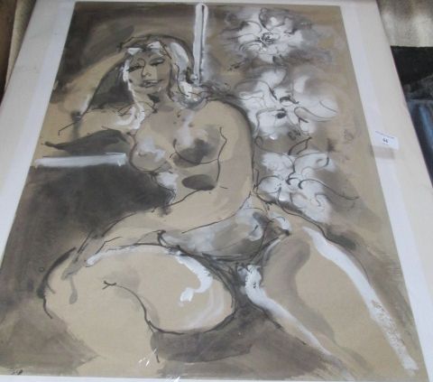 A monochrome study of a nude woman, watercolour and gouache, unsigned, unframed