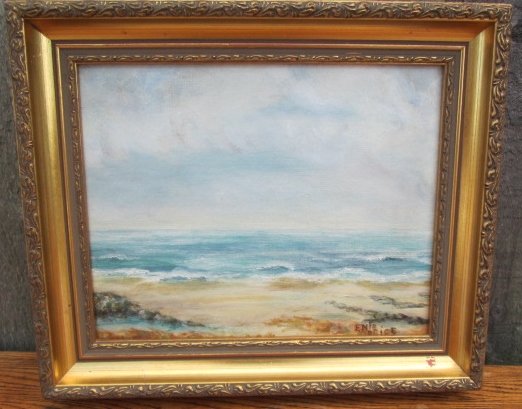 Enid Price 'Low Tide at Hastings' oil on board, signed to lower right and housed in a gilt frame