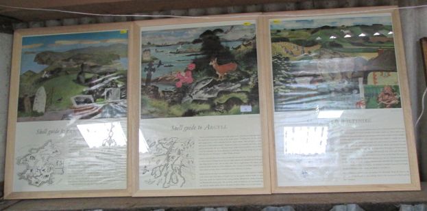 Three 1950's Shell County Guides posters trimmed to frame, all in oak frames