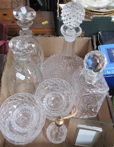 A pair of mallet-shaped decanters and a hobnail cut decanter, an engraved glass atomiser and other