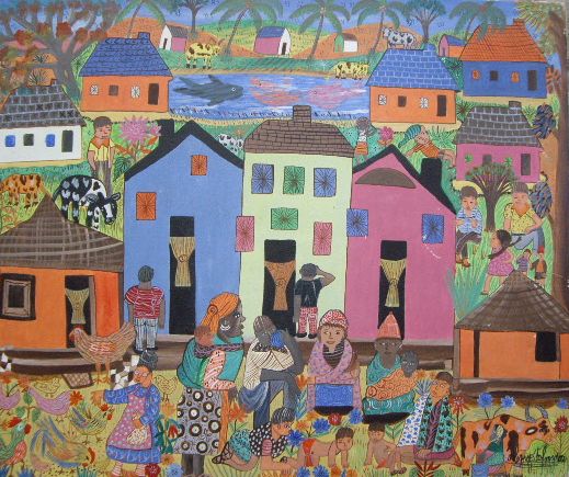 Jacques Valmidor (b1955, Haitian), townsfolk with houses and river in distance, acrylic on canvas,