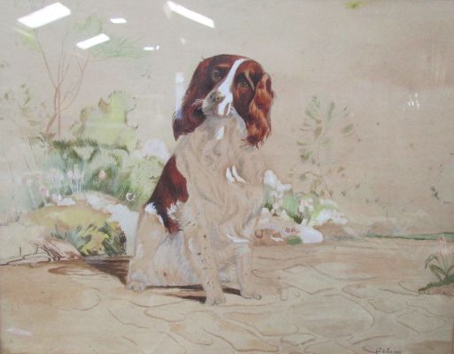 A Turner, watercolour and gouache depicting a seated spaniel