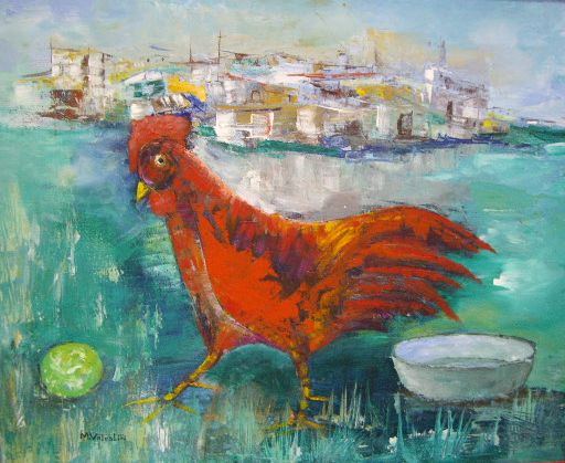 Michael Valestin (b.1962, Haitian), a study of a hen, acrylic on canvas, signed, framed 39.5cm x