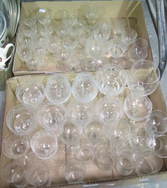 Two boxes of Edwardian and later etched glasses plus other glassware