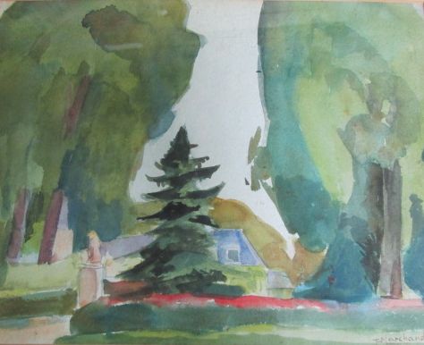 J F Marchland, watercolour, landscape with trees and house