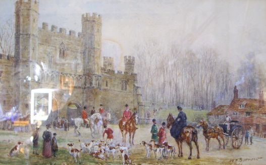 W H Barrow, huntsman and hounds at Battle Abbey, watercolour, signed to lower right, housed in