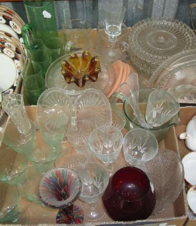 Two boxes of assorted glassware to include a green glass lemonade set, a Murano vase, wine