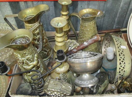 One box of assorted metal and brassware to include jugs, rose bowl, candlesticks etc