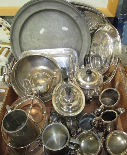A quantity of plated items including two trays, a tea set, entree dishes and two pewter chargers