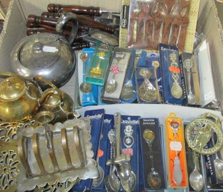 One box of assorted silver plated boxed collectors spoons together with a silver plated teapot and