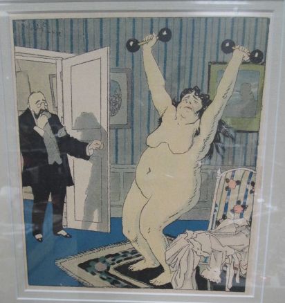 An early 20th century novelty colour print of a nude female exercising, possibly a bookplate