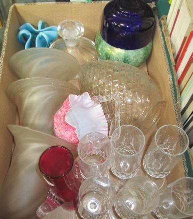 Assorted 19th century and later glassware including three frosted glass light shades (1 box)